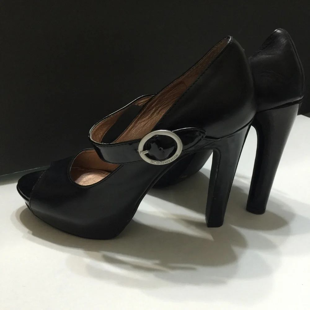 BCBGeneration Black Patent Mary Jane Platform Heels with Silver Buckle